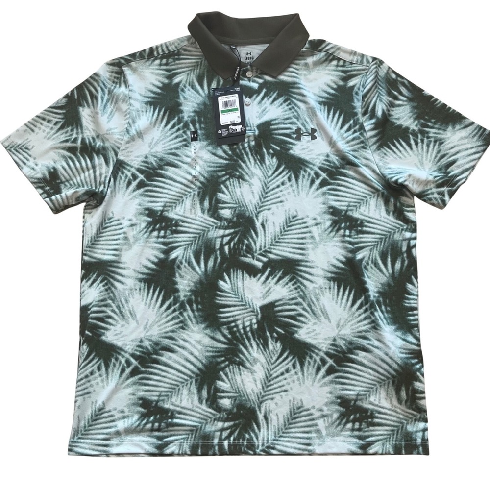 Under Armour Mens Matchplay Printed Polo Golf Shirt Green Palm Leaf 1377377 L